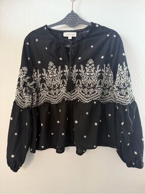 Jennifer & Grace Black Embroidered Boho Peasant Blouse Tassel Top Size M